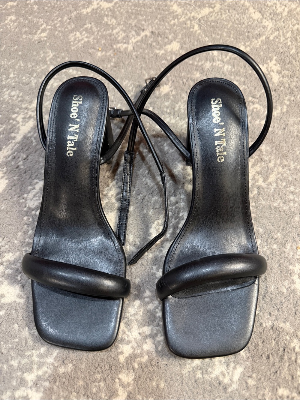 Black Padded-Strap Ankle-Tie Heels